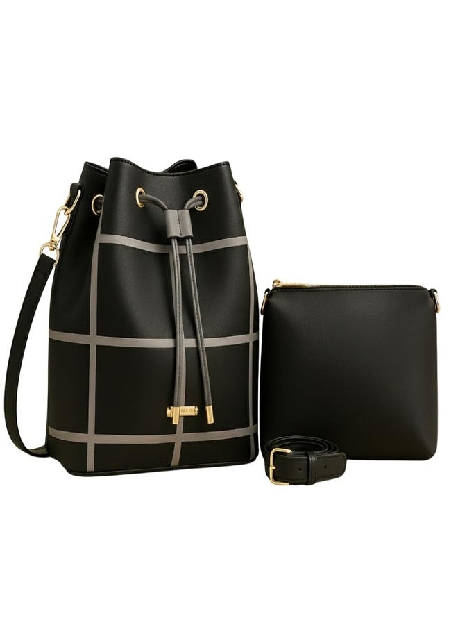 TYPIFY Women's 2-in-1 Bucket Bag and Sling Bag Combo Set, Grid Pattern, Lightweight Shoulder Tote Handbag, Trending Large Drawstring Latherette Office College Bag Set. Gift for Her (Black & Grey) - Image 2